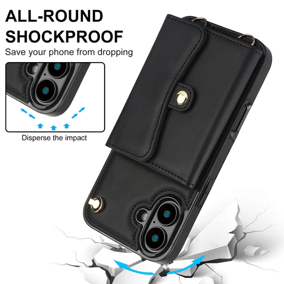 For iPhone 16 RFID Card Slot Phone Case with Long Lanyard(Black)