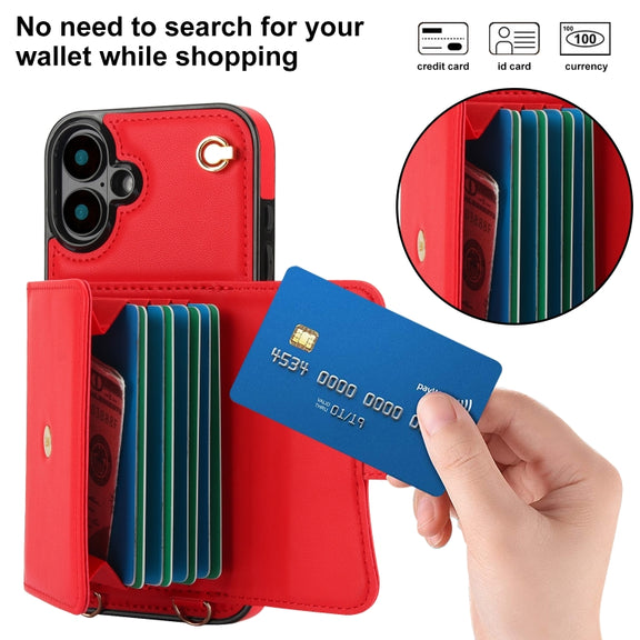 For iPhone 16 RFID Card Slot Phone Case with Long Lanyard(Red)