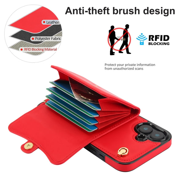 For iPhone 16 RFID Card Slot Phone Case with Long Lanyard(Red)
