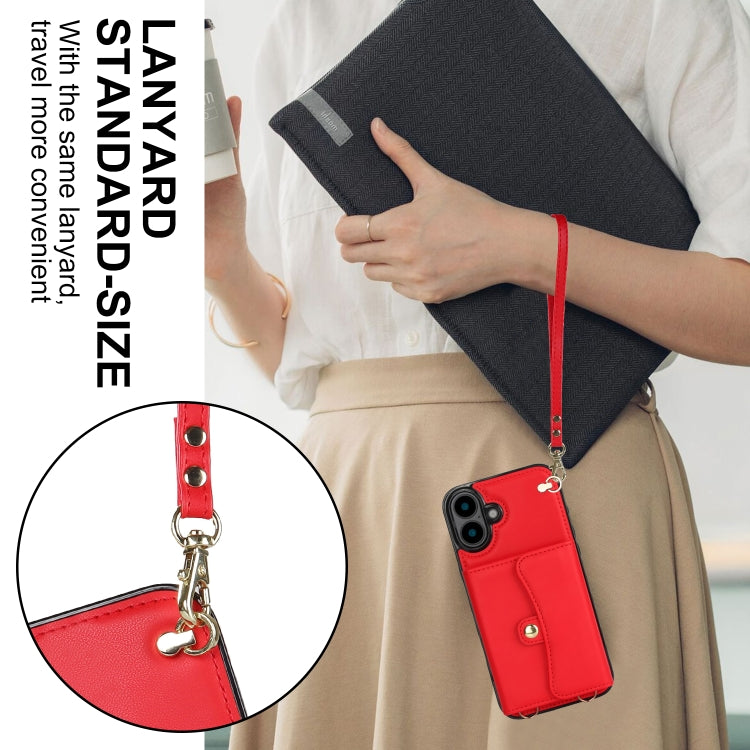 For iPhone 16 RFID Card Slot Phone Case with Long Lanyard(Red)