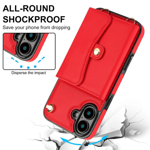 For iPhone 16 RFID Card Slot Phone Case with Long Lanyard(Red)