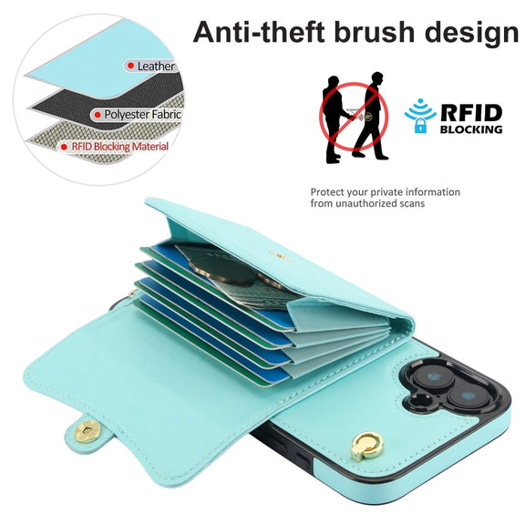 For iPhone 16 RFID Card Slot Phone Case with Long Lanyard(Mint Green)