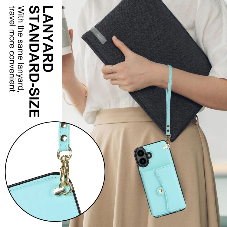 For iPhone 16 RFID Card Slot Phone Case with Long Lanyard(Mint Green)