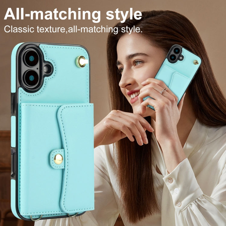 For iPhone 16 RFID Card Slot Phone Case with Long Lanyard(Mint Green)