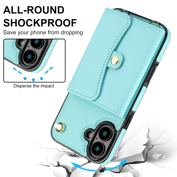 For iPhone 16 RFID Card Slot Phone Case with Long Lanyard(Mint Green)