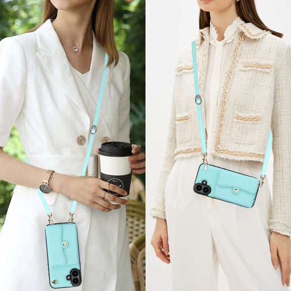 For iPhone 16 RFID Card Slot Phone Case with Long Lanyard(Mint Green)