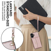 For iPhone 16 RFID Card Slot Phone Case with Long Lanyard(Rose Gold)