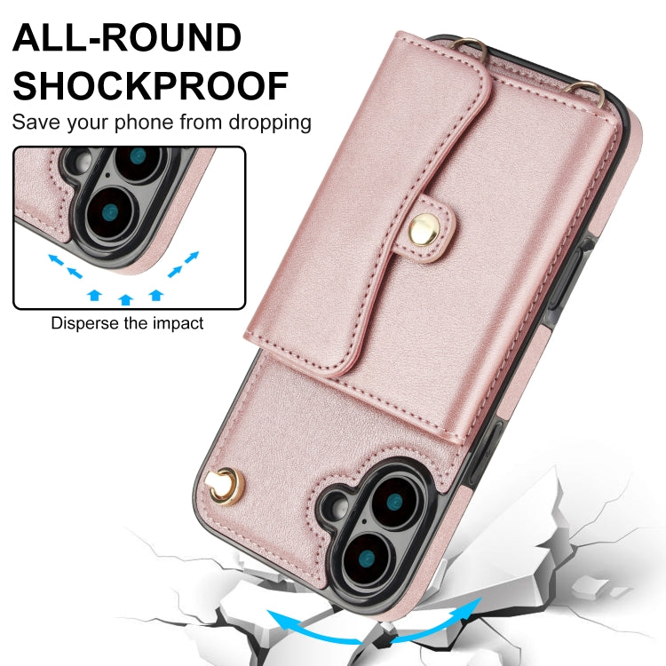 For iPhone 16 RFID Card Slot Phone Case with Long Lanyard(Rose Gold)
