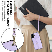 For iPhone 16 RFID Card Slot Phone Case with Long Lanyard(Purple)