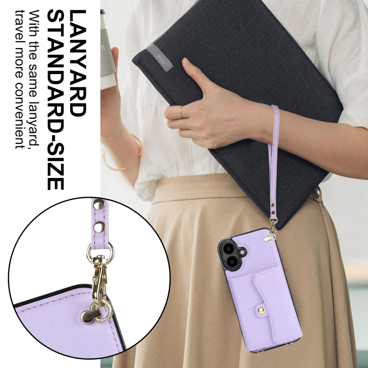 For iPhone 16 RFID Card Slot Phone Case with Long Lanyard(Purple)
