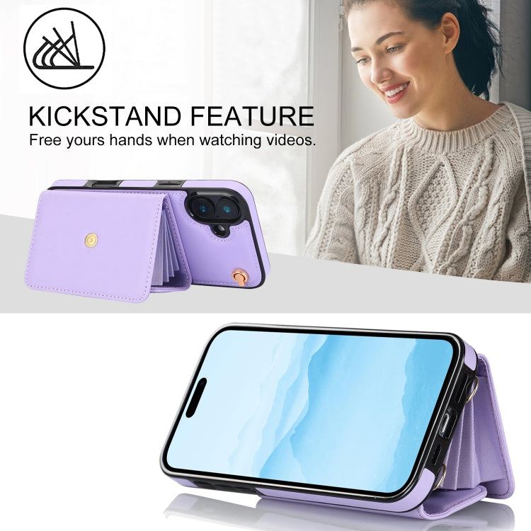 For iPhone 16 RFID Card Slot Phone Case with Long Lanyard(Purple)