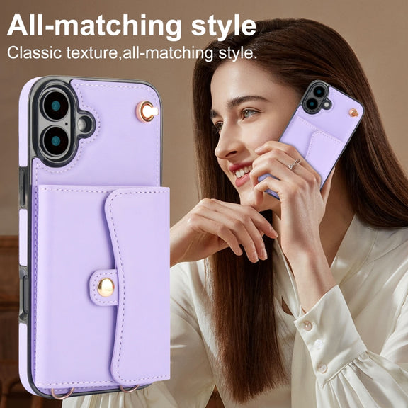 For iPhone 16 RFID Card Slot Phone Case with Long Lanyard(Purple)