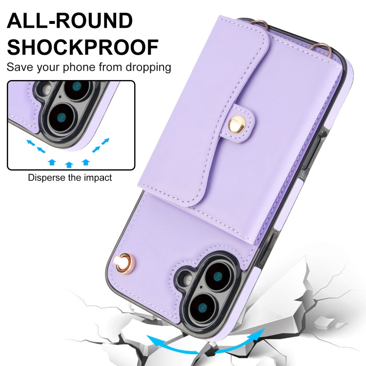 For iPhone 16 RFID Card Slot Phone Case with Long Lanyard(Purple)