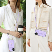For iPhone 16 RFID Card Slot Phone Case with Long Lanyard(Purple)