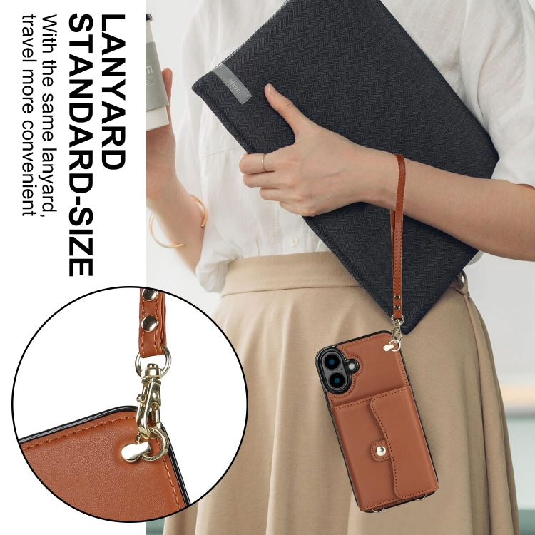For iPhone 16 RFID Card Slot Phone Case with Long Lanyard(Brown)