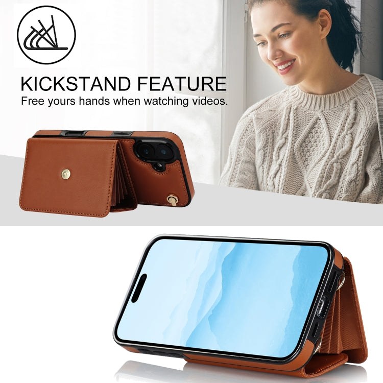 For iPhone 16 RFID Card Slot Phone Case with Long Lanyard(Brown)