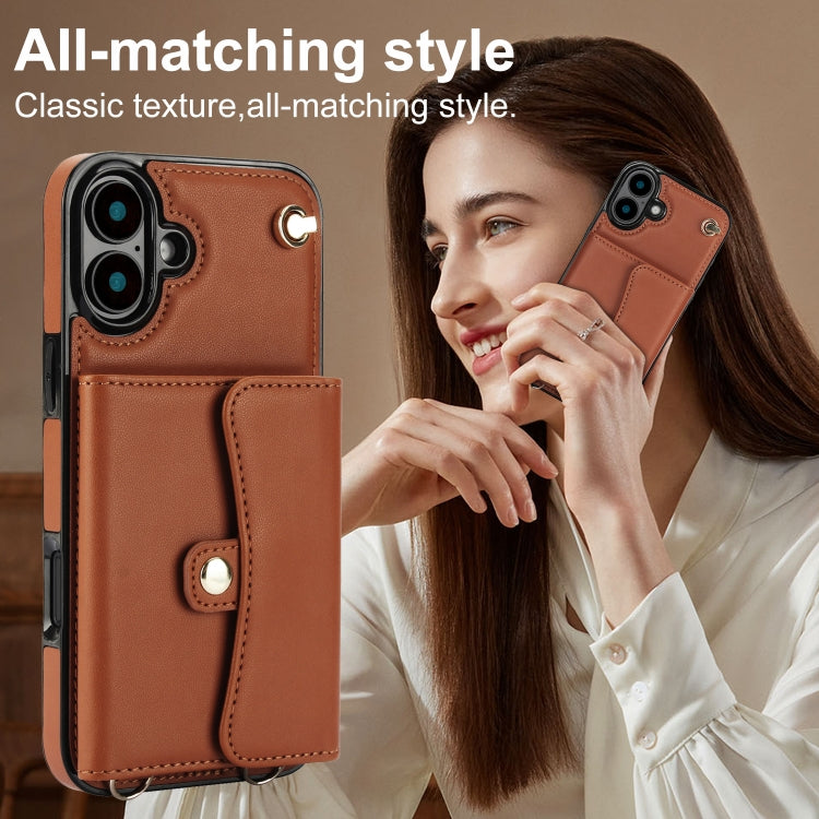 For iPhone 16 RFID Card Slot Phone Case with Long Lanyard(Brown)