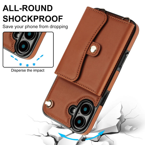 For iPhone 16 RFID Card Slot Phone Case with Long Lanyard(Brown)