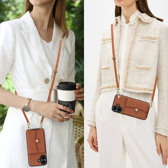 For iPhone 16 RFID Card Slot Phone Case with Long Lanyard(Brown)