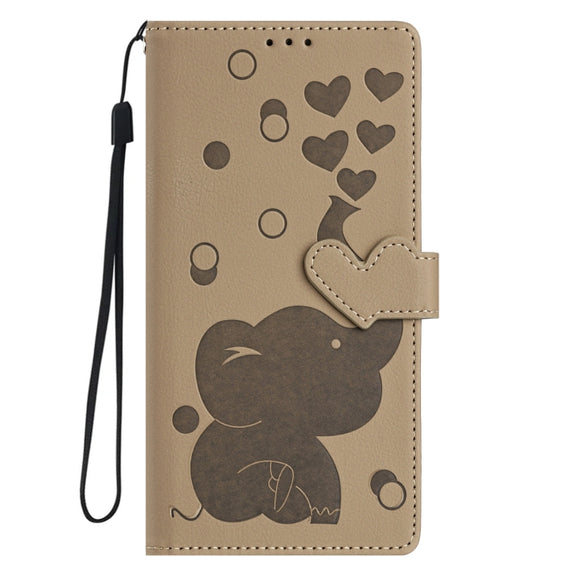For Samsung Galaxy S25+ 5G Cartoon Elephant Embossed Leather Phone Case(Khaki)