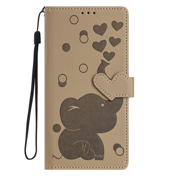 For Samsung Galaxy S25+ 5G Cartoon Elephant Embossed Leather Phone Case(Khaki)