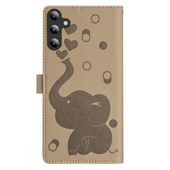 For Samsung Galaxy S25+ 5G Cartoon Elephant Embossed Leather Phone Case(Khaki)