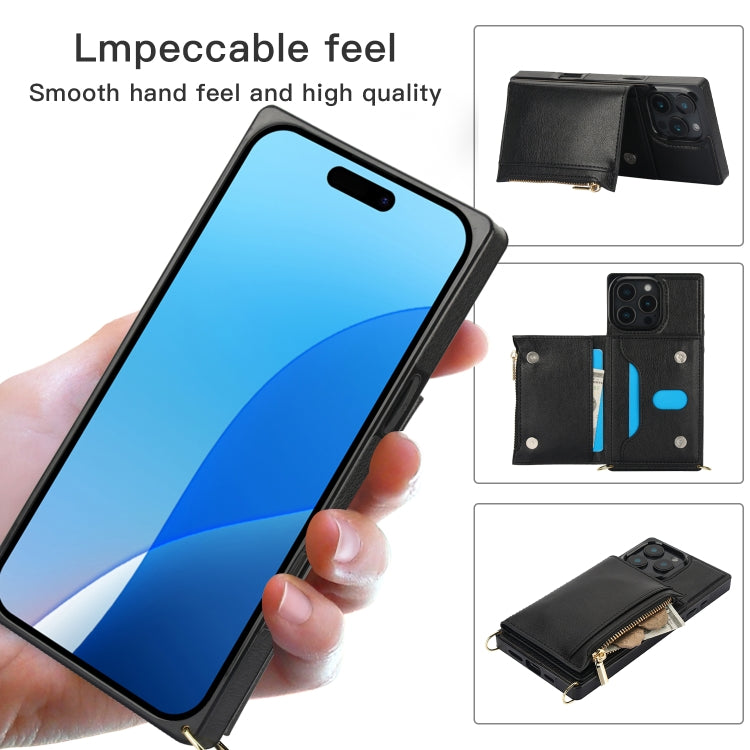 For iPhone 16 Pro Max Square Zipper Wallet Bag TPU+PU Back Cover Case(Rose Gold)