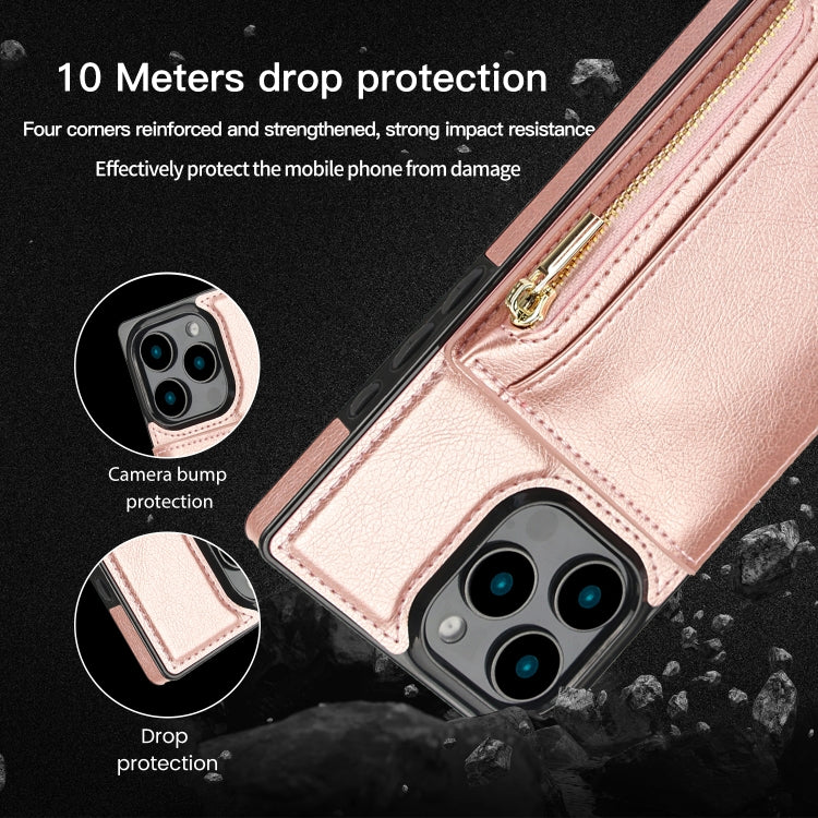 For iPhone 16 Pro Max Square Zipper Wallet Bag TPU+PU Back Cover Case(Rose Gold)
