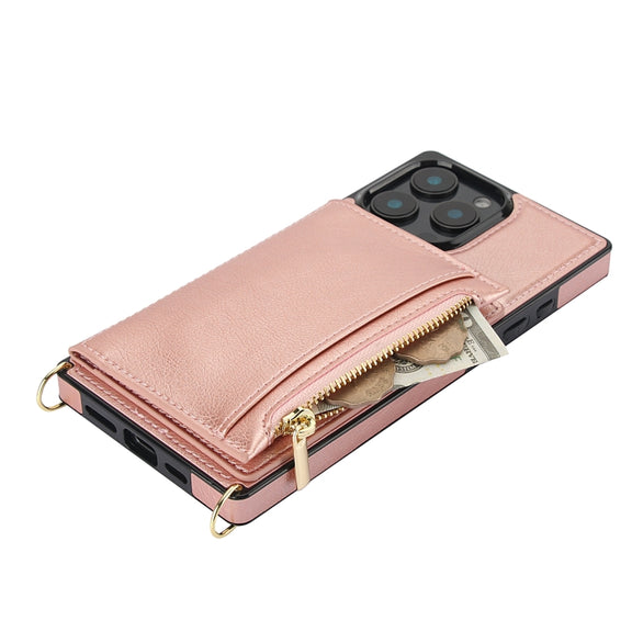 For iPhone 16 Pro Square Zipper Wallet Bag TPU+PU Back Cover Case(Rose Gold)