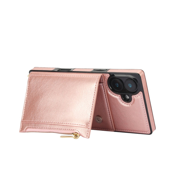 For iPhone 16 Plus Square Zipper Wallet Bag TPU+PU Back Cover Case(Rose Gold)
