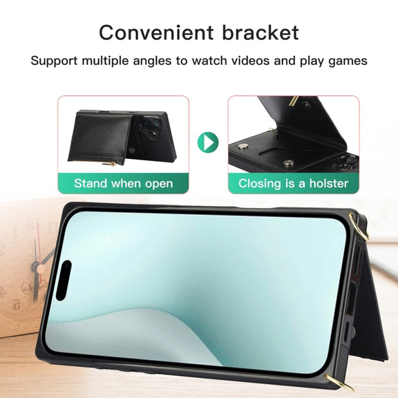 For iPhone 16 Plus Square Zipper Wallet Bag TPU+PU Back Cover Case(Black)