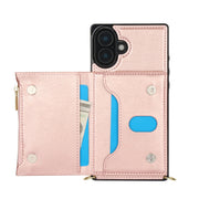 For iPhone 16 Square Zipper Wallet Bag TPU+PU Back Cover Case(Rose Gold)