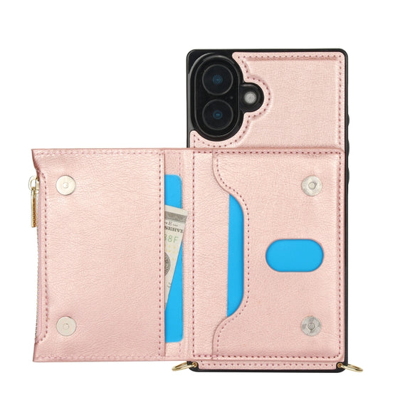 For iPhone 16 Square Zipper Wallet Bag TPU+PU Back Cover Case(Rose Gold)