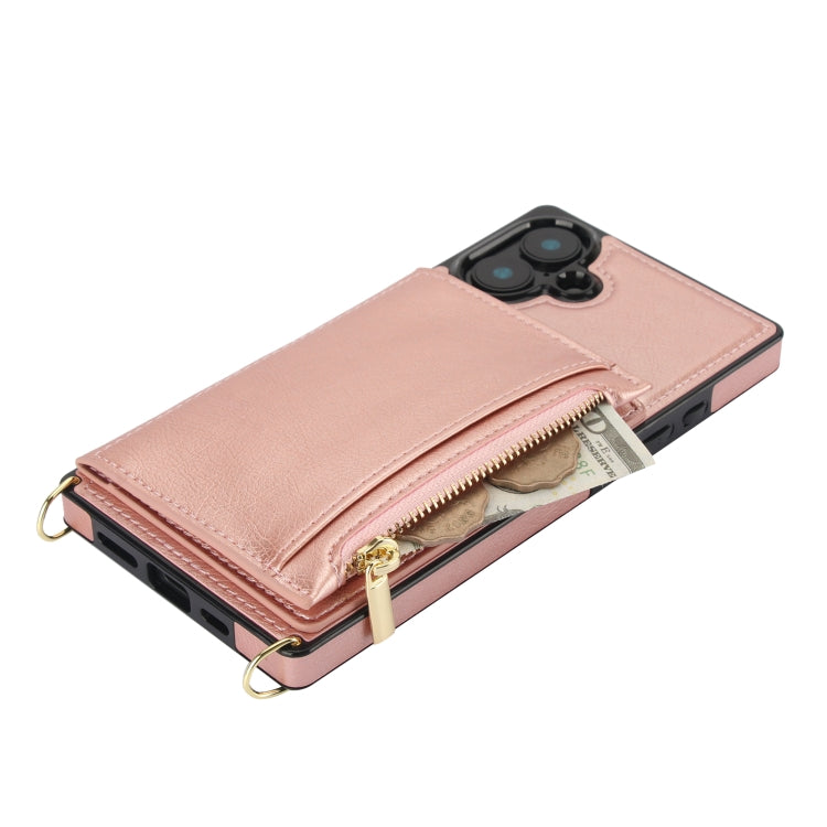 For iPhone 16 Square Zipper Wallet Bag TPU+PU Back Cover Case(Rose Gold)