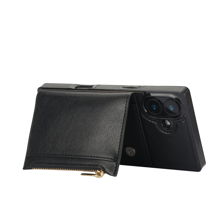 For iPhone 16 Square Zipper Wallet Bag TPU+PU Back Cover Case(Black)