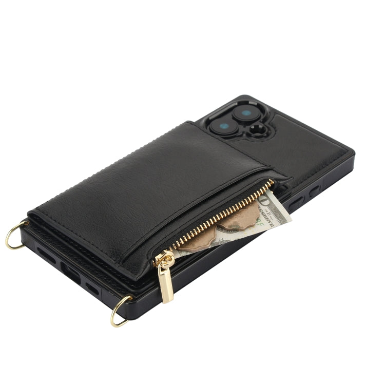 For iPhone 16 Square Zipper Wallet Bag TPU+PU Back Cover Case(Black)