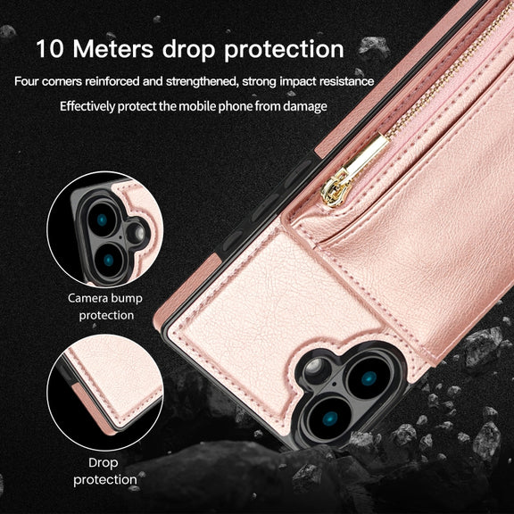 For iPhone 16 Square Zipper Wallet Bag TPU+PU Back Cover Case(Black)
