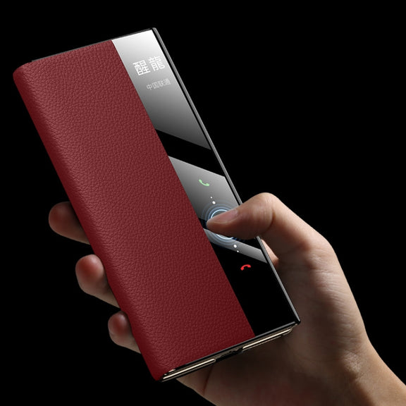 For Huawei Mate XT Ultimate Design View Window Genuine Leather Electroplating Phone Case(Red)