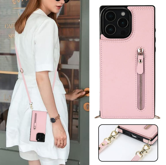 For iPhone 16 Pro Max Cross-body Zipper Square Phone Case(Pink)
