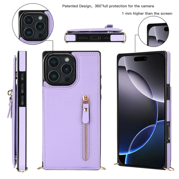 For iPhone 16 Pro Cross-body Zipper Square Phone Case(Purple)