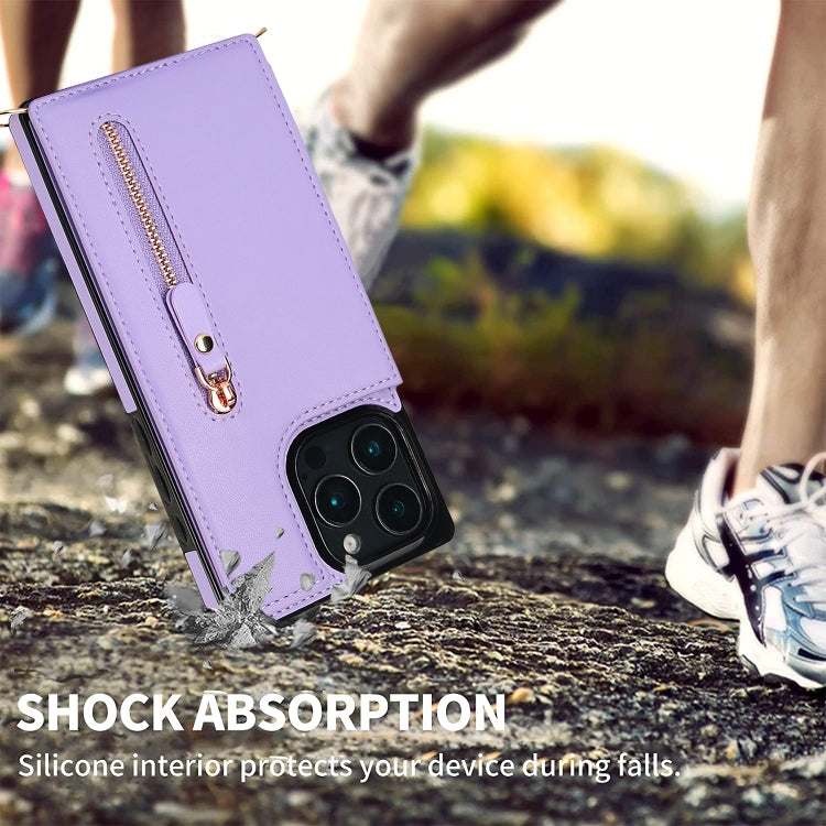 For iPhone 16 Pro Cross-body Zipper Square Phone Case(Purple)