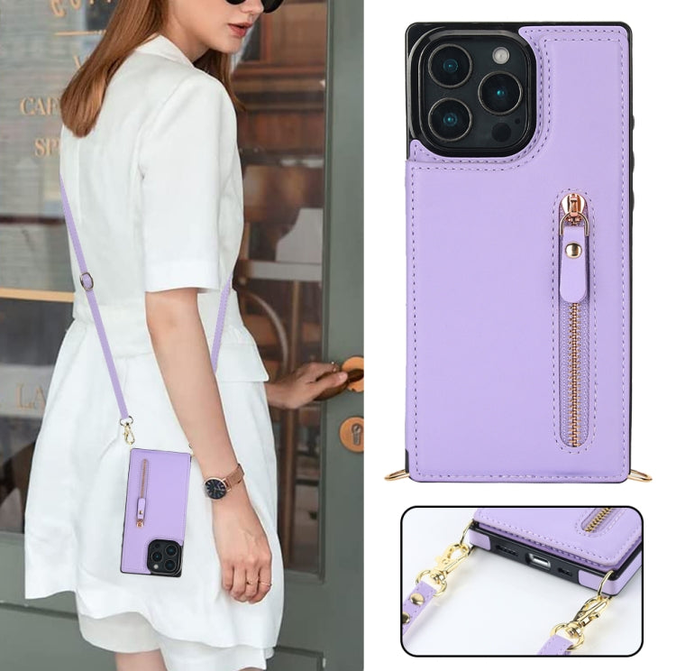 For iPhone 16 Pro Cross-body Zipper Square Phone Case(Purple)