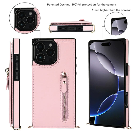 For iPhone 16 Pro Cross-body Zipper Square Phone Case(Pink)