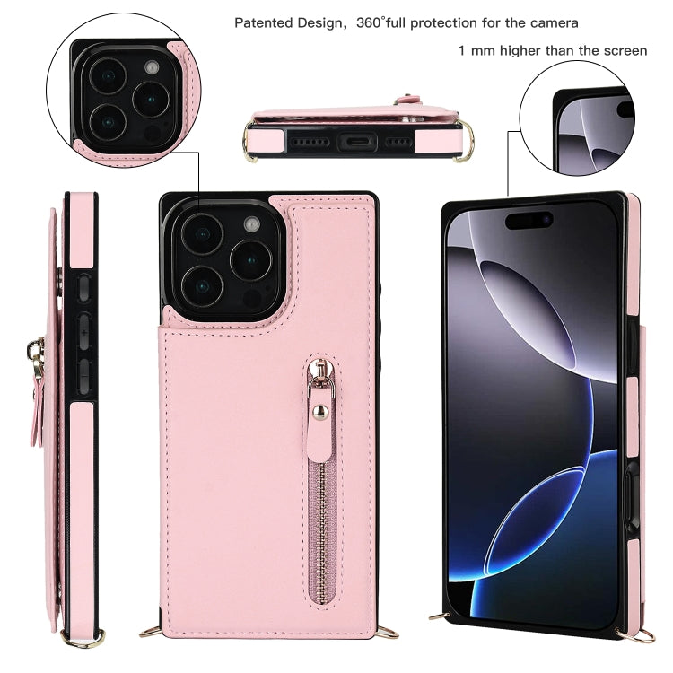 For iPhone 16 Pro Cross-body Zipper Square Phone Case(Pink)