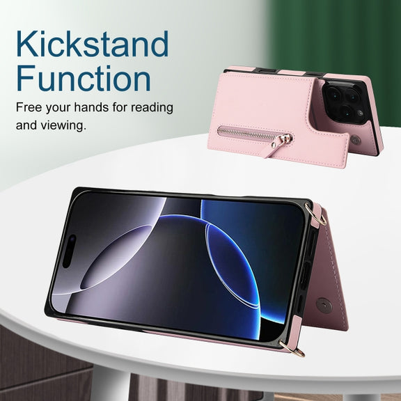 For iPhone 16 Pro Cross-body Zipper Square Phone Case(Pink)