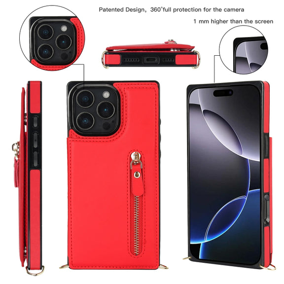 For iPhone 16 Pro Cross-body Zipper Square Phone Case(Red)