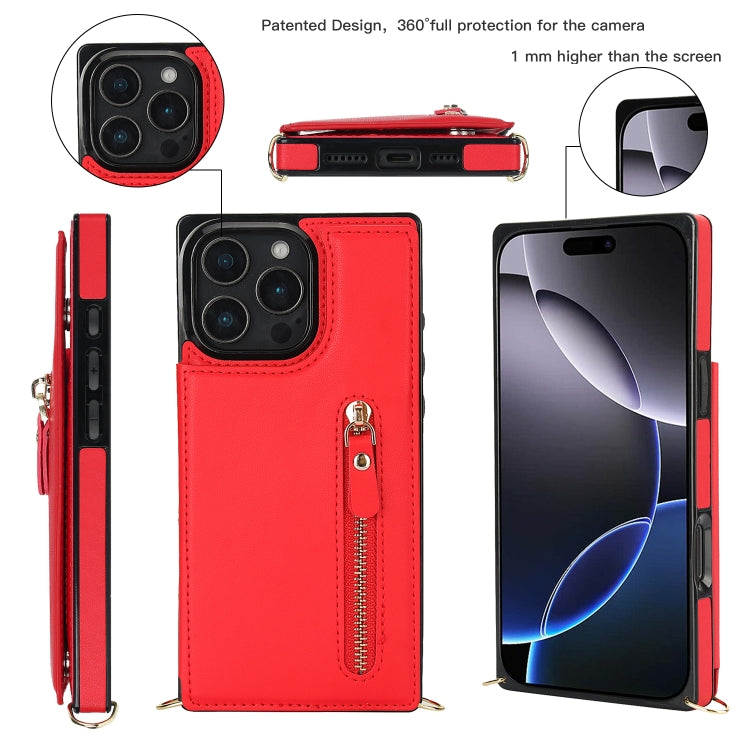 For iPhone 16 Pro Cross-body Zipper Square Phone Case(Red)