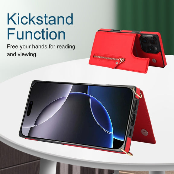 For iPhone 16 Pro Cross-body Zipper Square Phone Case(Red)
