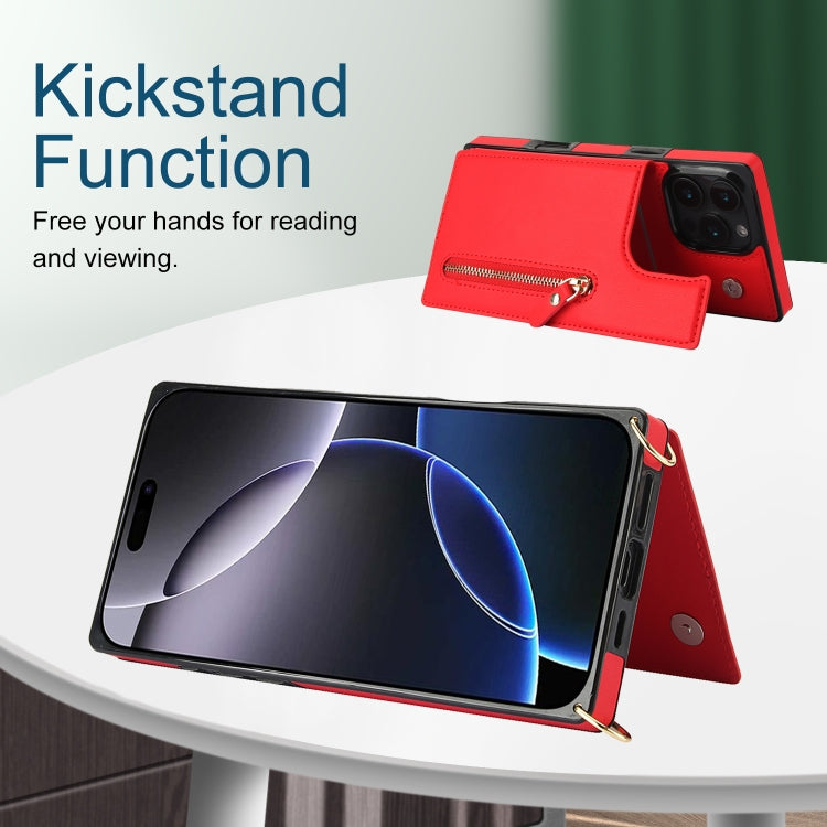 For iPhone 16 Pro Cross-body Zipper Square Phone Case(Red)