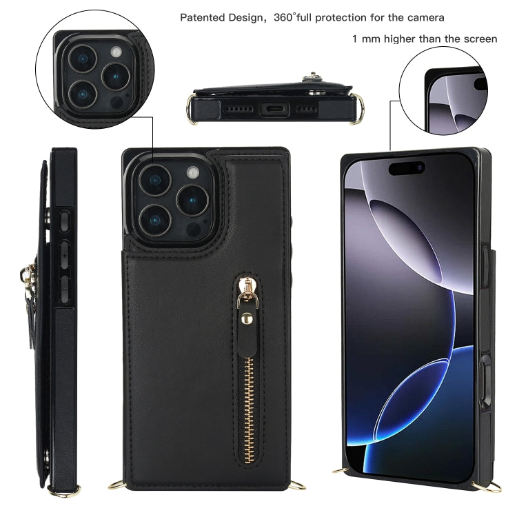 For iPhone 16 Pro Cross-body Zipper Square Phone Case(Black)